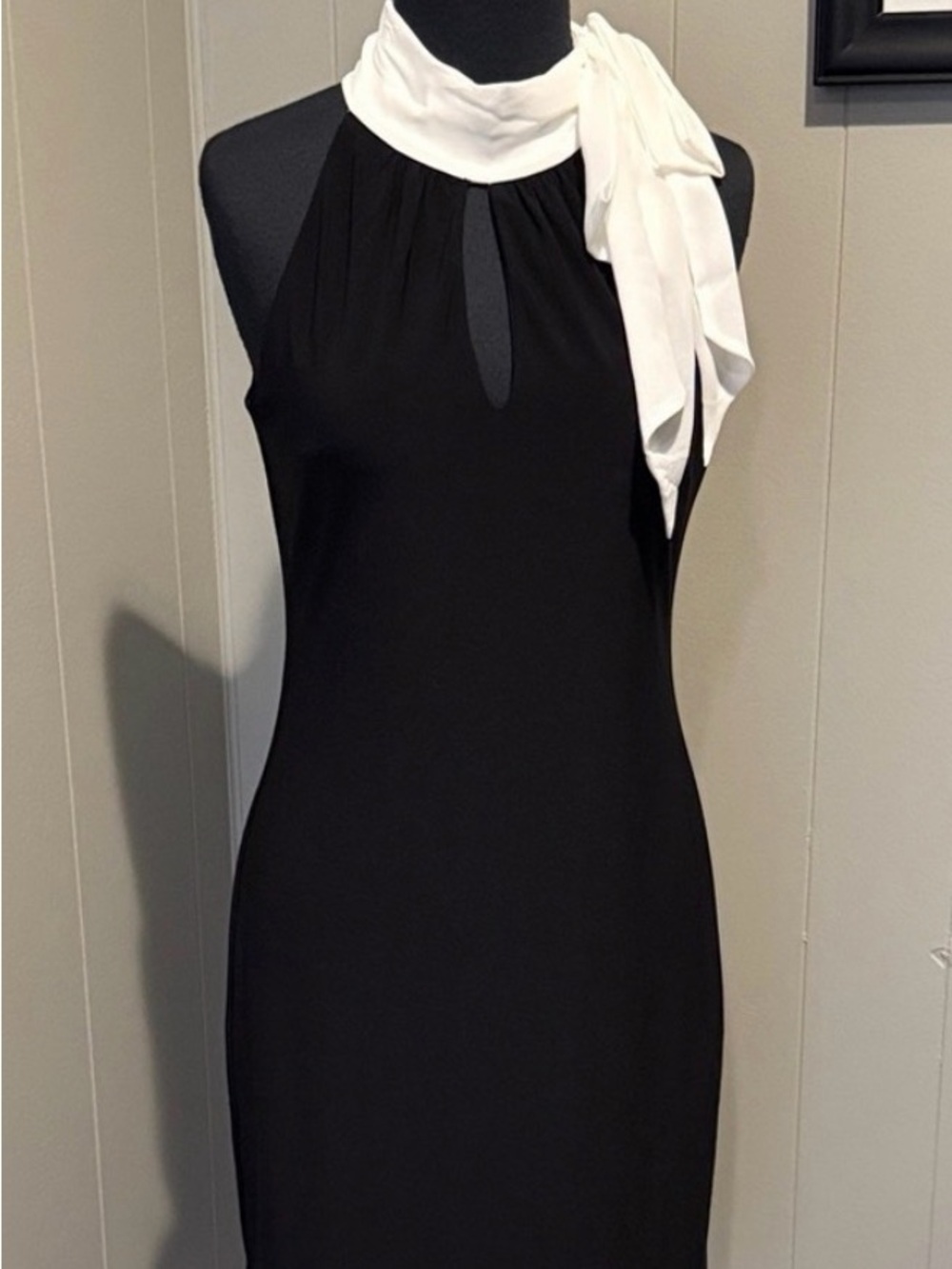 White House Black Market Black Sheath Dress with White Neck Tie